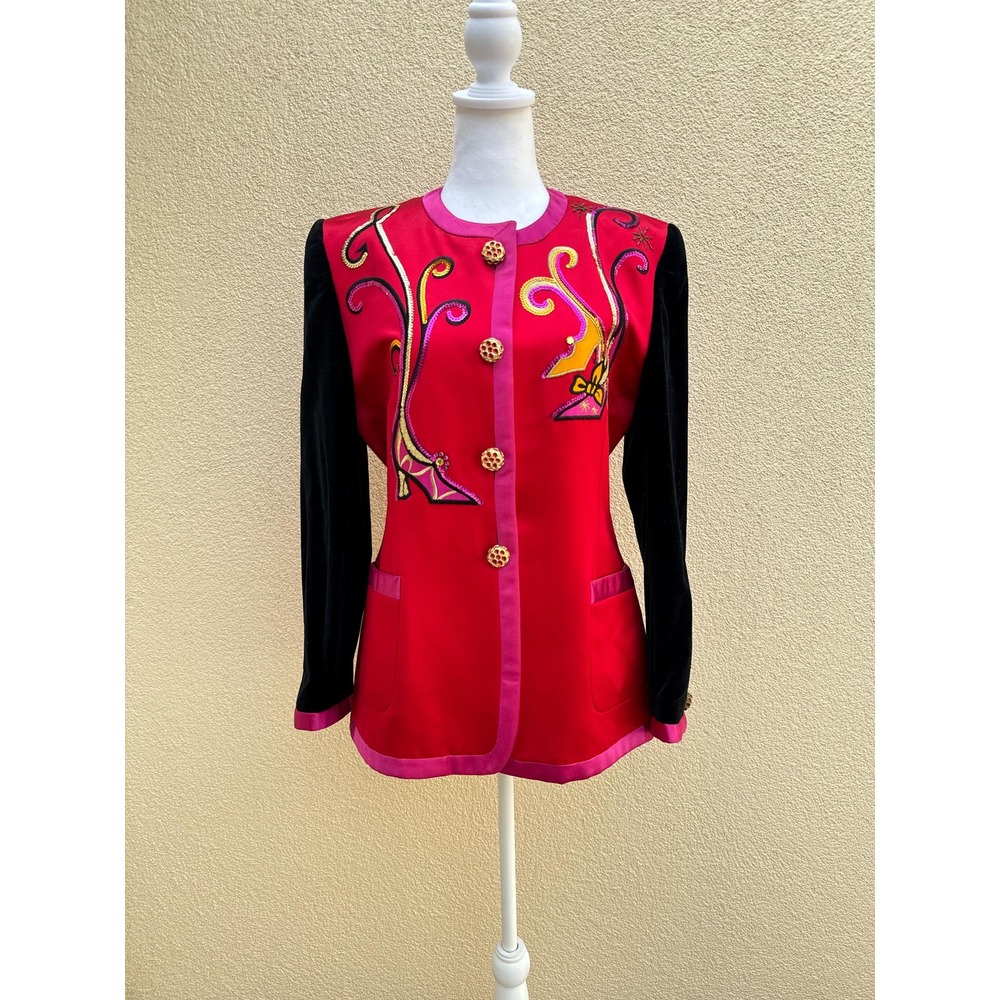 Escada Margaretha Ley black Red  Pink satin velvet shoe sequin embroidery blazer